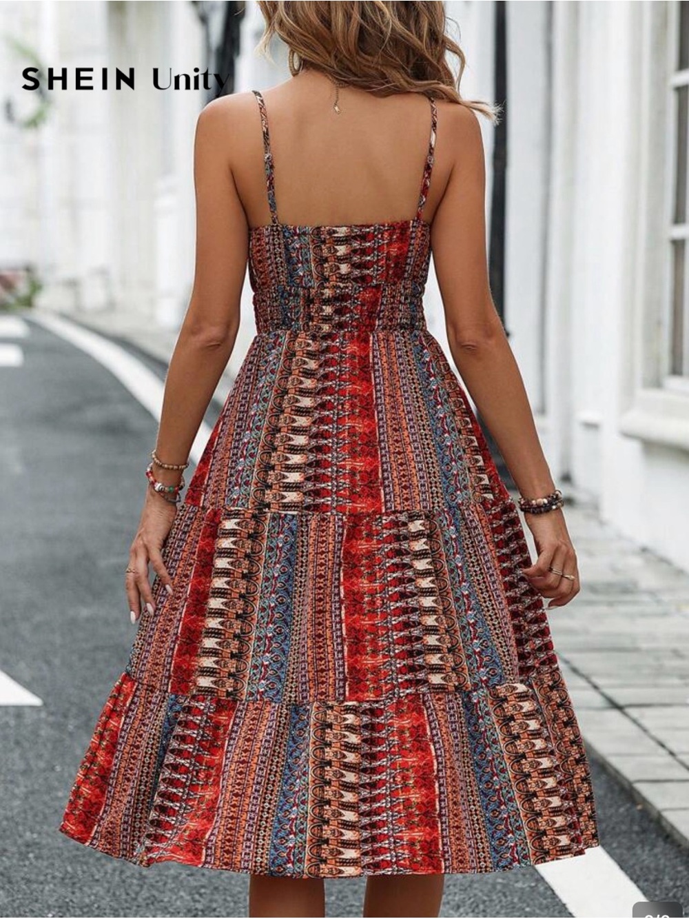 SHEIN ~ Midi Sundress ~ Multi-Colored ~ Boho Tie-Front at V in Center of Front - Picture 4 of 6